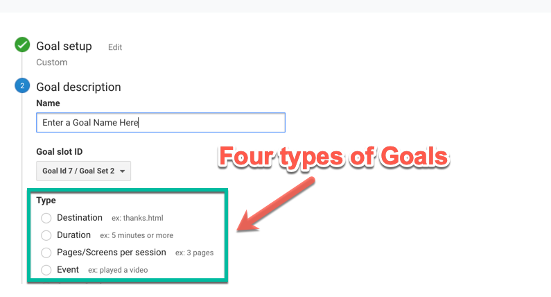 Types of Google Analytics goals